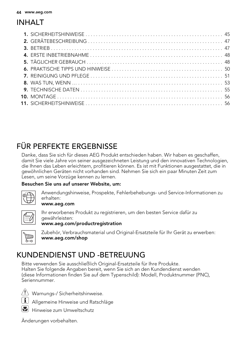 Inhalt, Für perfekte ergebnisse, Kundendienst und -betreuung | AEG SKS58200F0 User Manual | Page 44 / 60