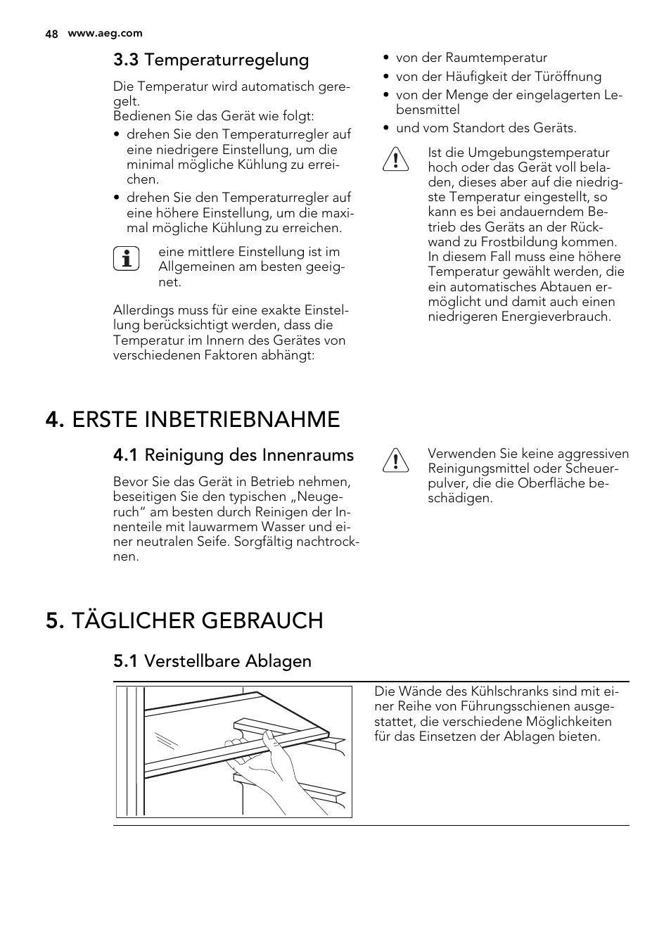 Erste inbetriebnahme, Täglicher gebrauch | AEG SKS58200F0 User Manual | Page 48 / 60