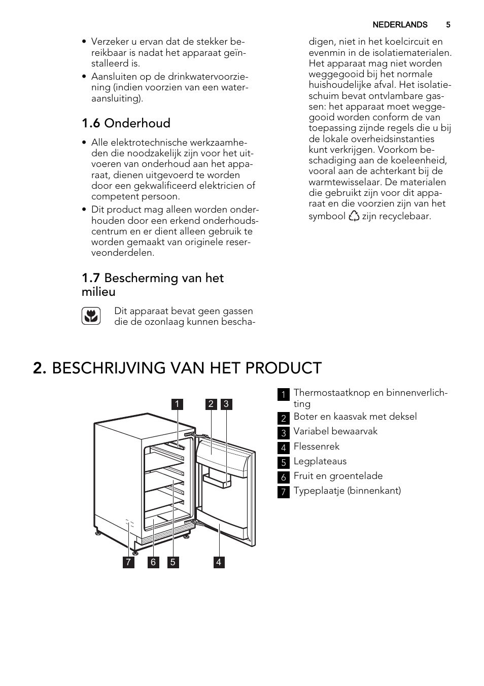 Beschrijving van het product, 6 onderhoud, 7 bescherming van het milieu | AEG SKS58200F0 User Manual | Page 5 / 60