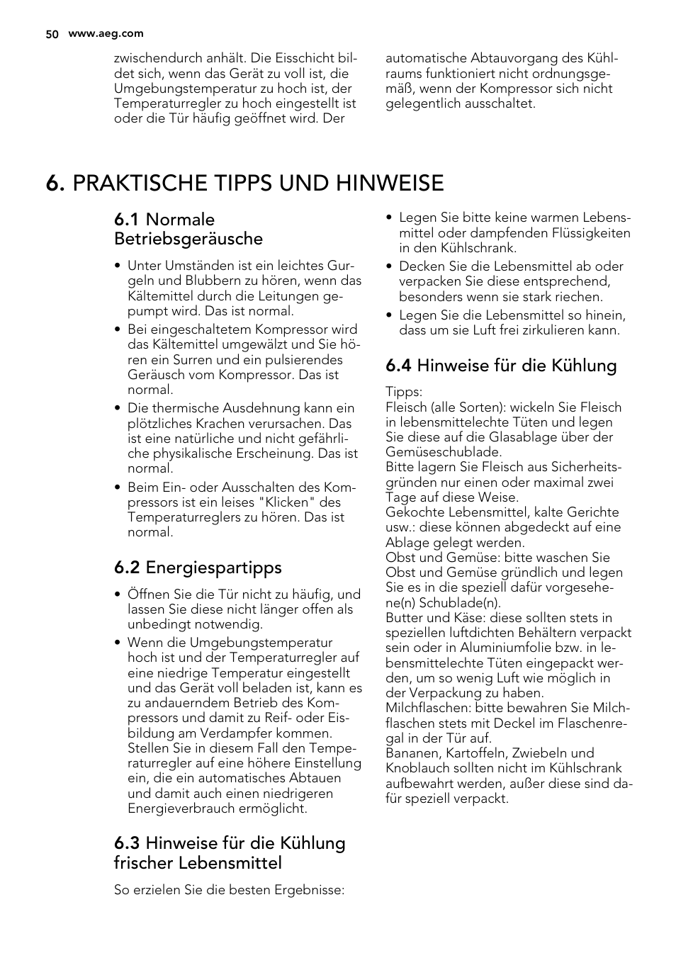 Praktische tipps und hinweise, 1 normale betriebsgeräusche, 2 energiespartipps | 3 hinweise für die kühlung frischer lebensmittel, 4 hinweise für die kühlung | AEG SKS58200F0 User Manual | Page 50 / 60