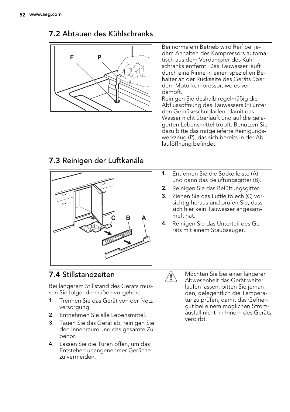 2 abtauen des kühlschranks, 3 reinigen der luftkanäle, 4 stillstandzeiten | AEG SKS58200F0 User Manual | Page 52 / 60