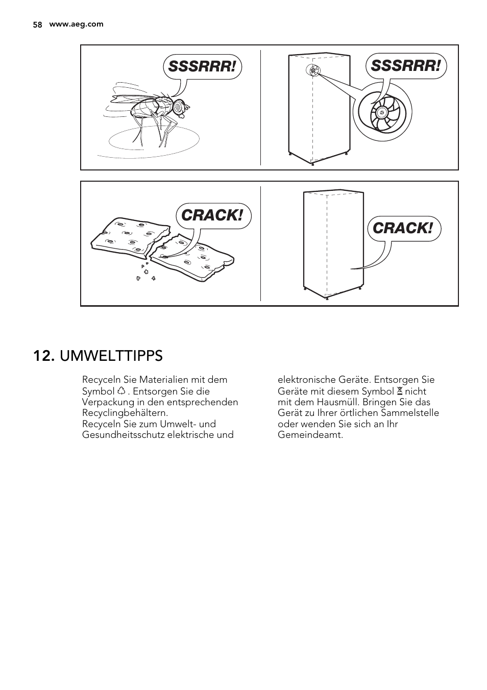 Sssrrr, Crack, Umwelttipps | AEG SKS58200F0 User Manual | Page 58 / 60