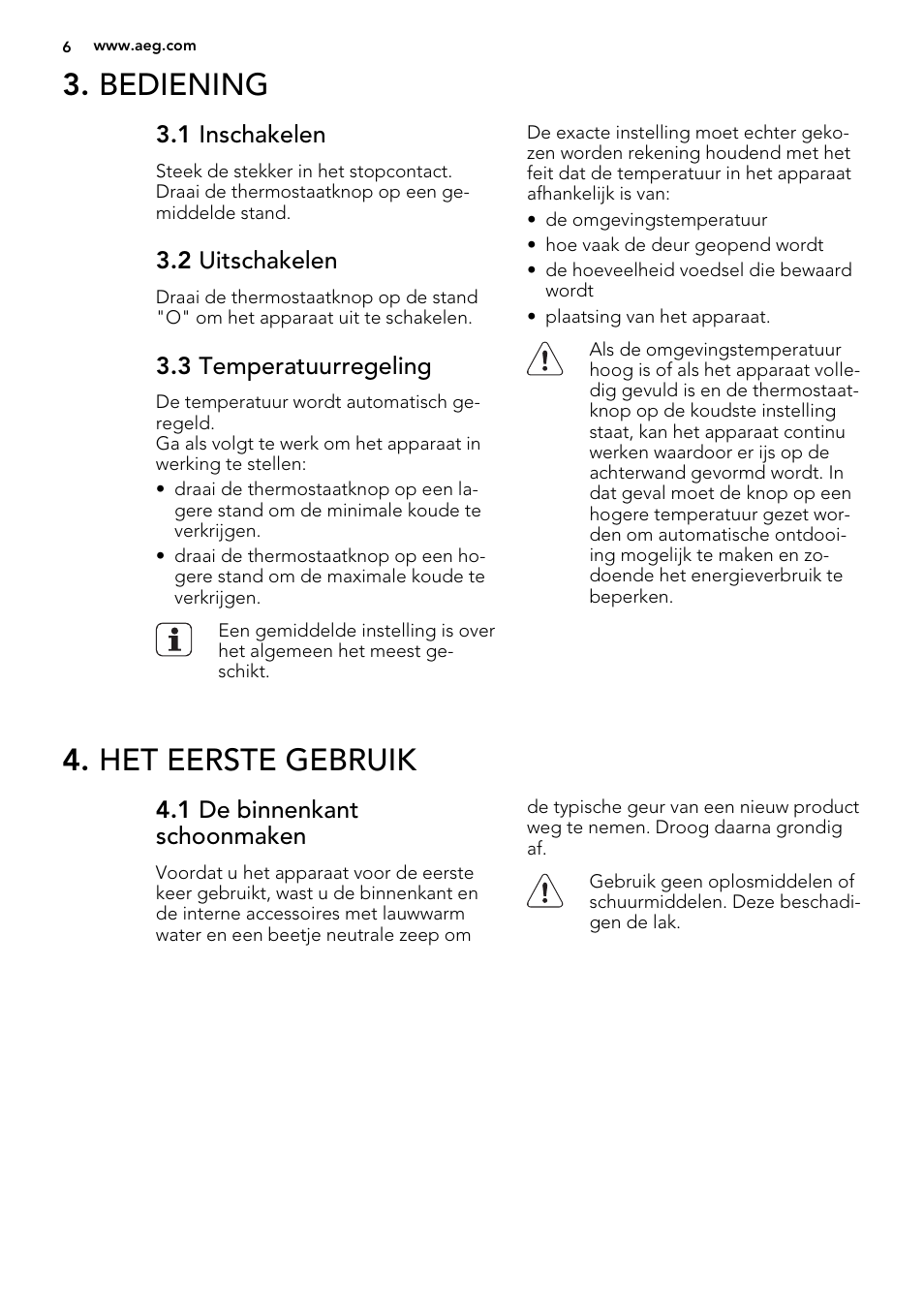Bediening, Het eerste gebruik | AEG SKS58200F0 User Manual | Page 6 / 60