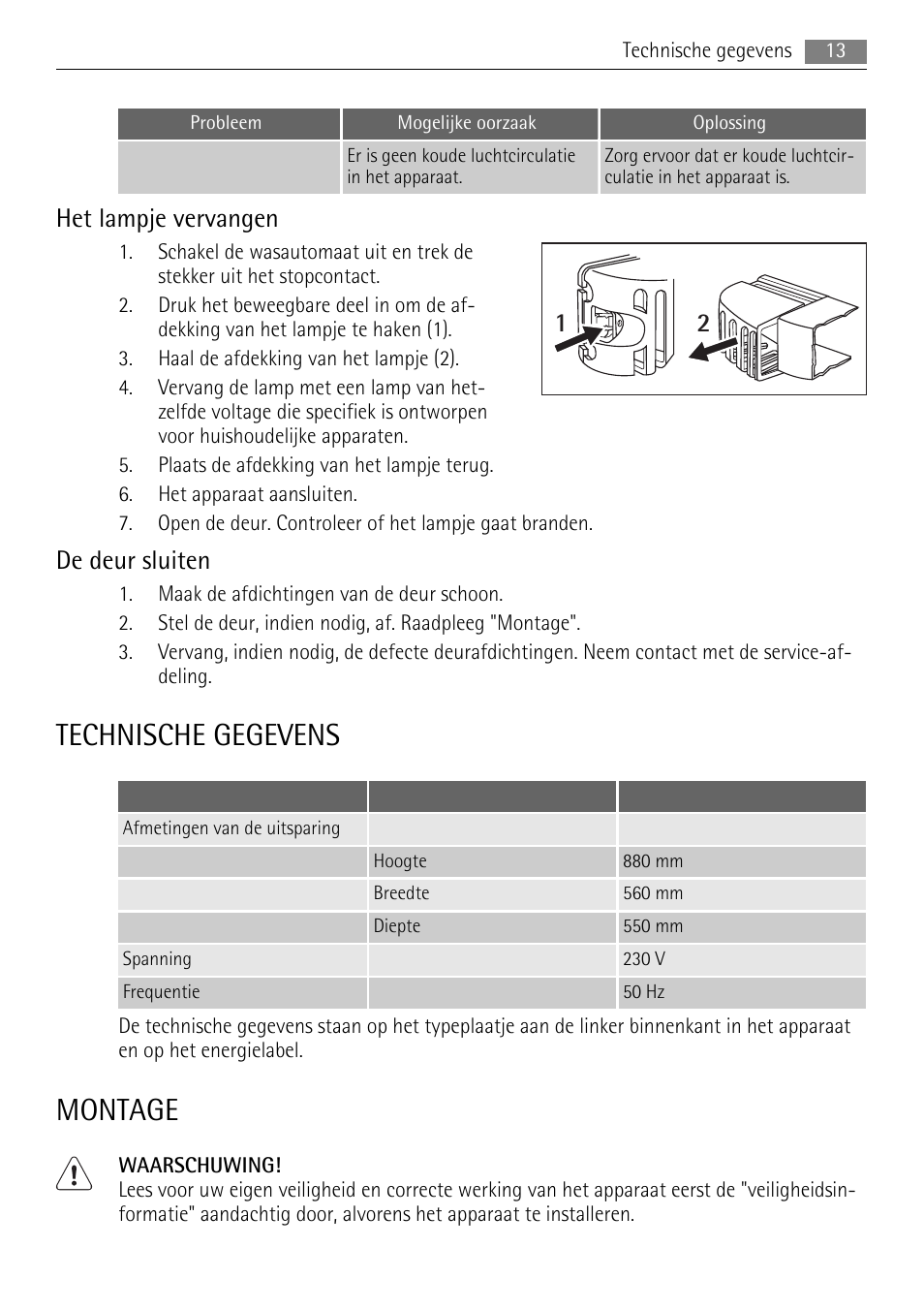 Technische gegevens, Montage, Het lampje vervangen | De deur sluiten | AEG SKS58800F0 User Manual | Page 13 / 64