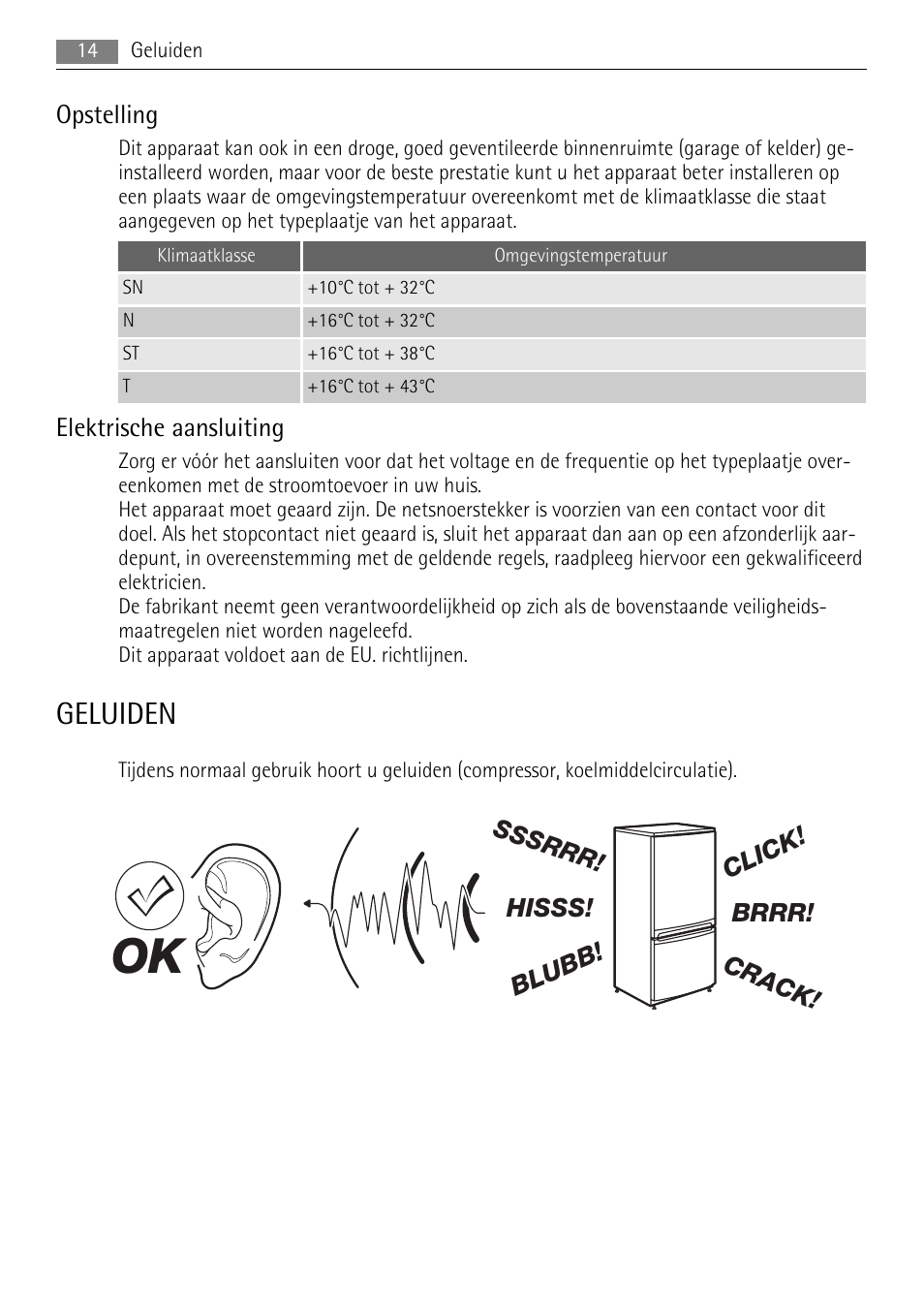 Geluiden, Opstelling, Elektrische aansluiting | AEG SKS58800F0 User Manual | Page 14 / 64