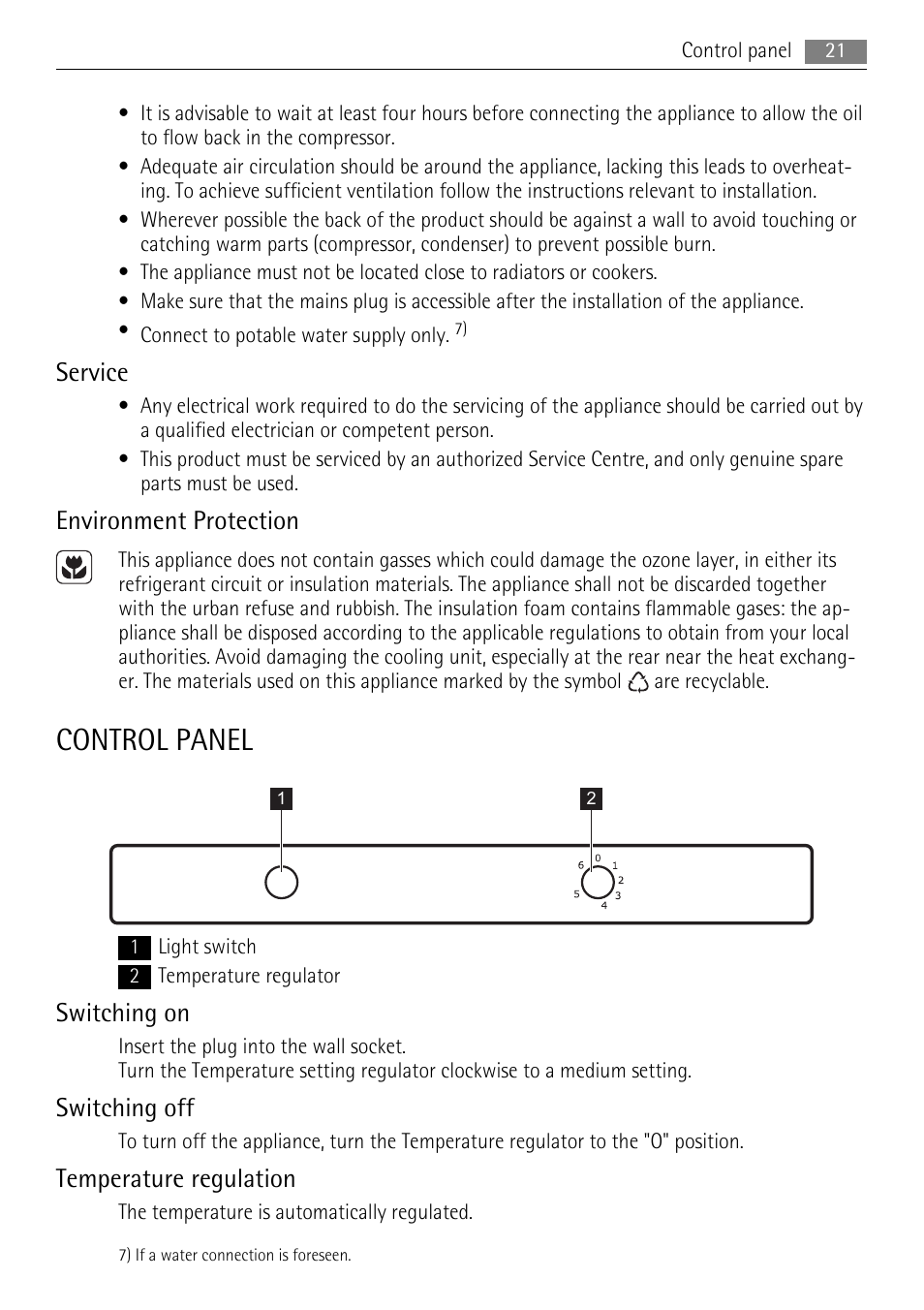 Control panel, Service, Environment protection | Switching on, Switching off, Temperature regulation | AEG SKS58800F0 User Manual | Page 21 / 64