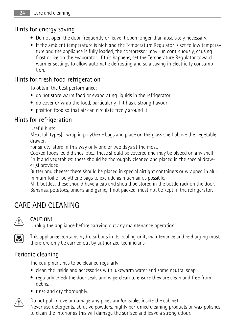 Care and cleaning, Hints for energy saving, Hints for fresh food refrigeration | Hints for refrigeration, Periodic cleaning | AEG SKS58800F0 User Manual | Page 24 / 64