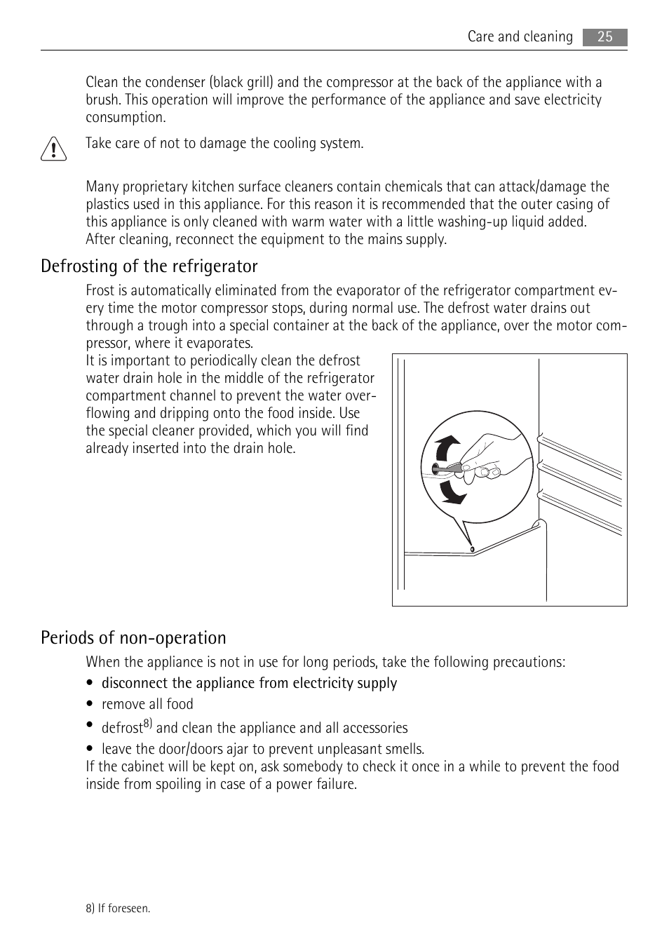 Defrosting of the refrigerator, Periods of non-operation | AEG SKS58800F0 User Manual | Page 25 / 64