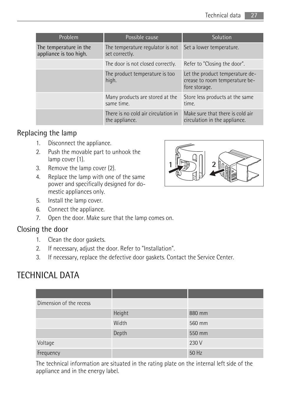 Technical data, Replacing the lamp, Closing the door | AEG SKS58800F0 User Manual | Page 27 / 64