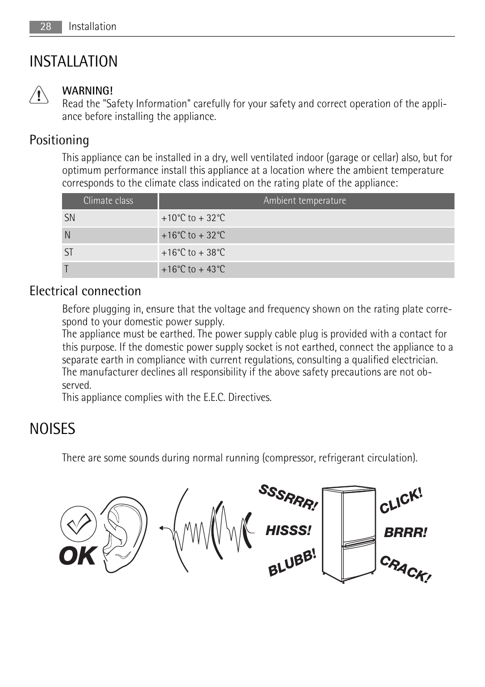 Installation, Noises | AEG SKS58800F0 User Manual | Page 28 / 64