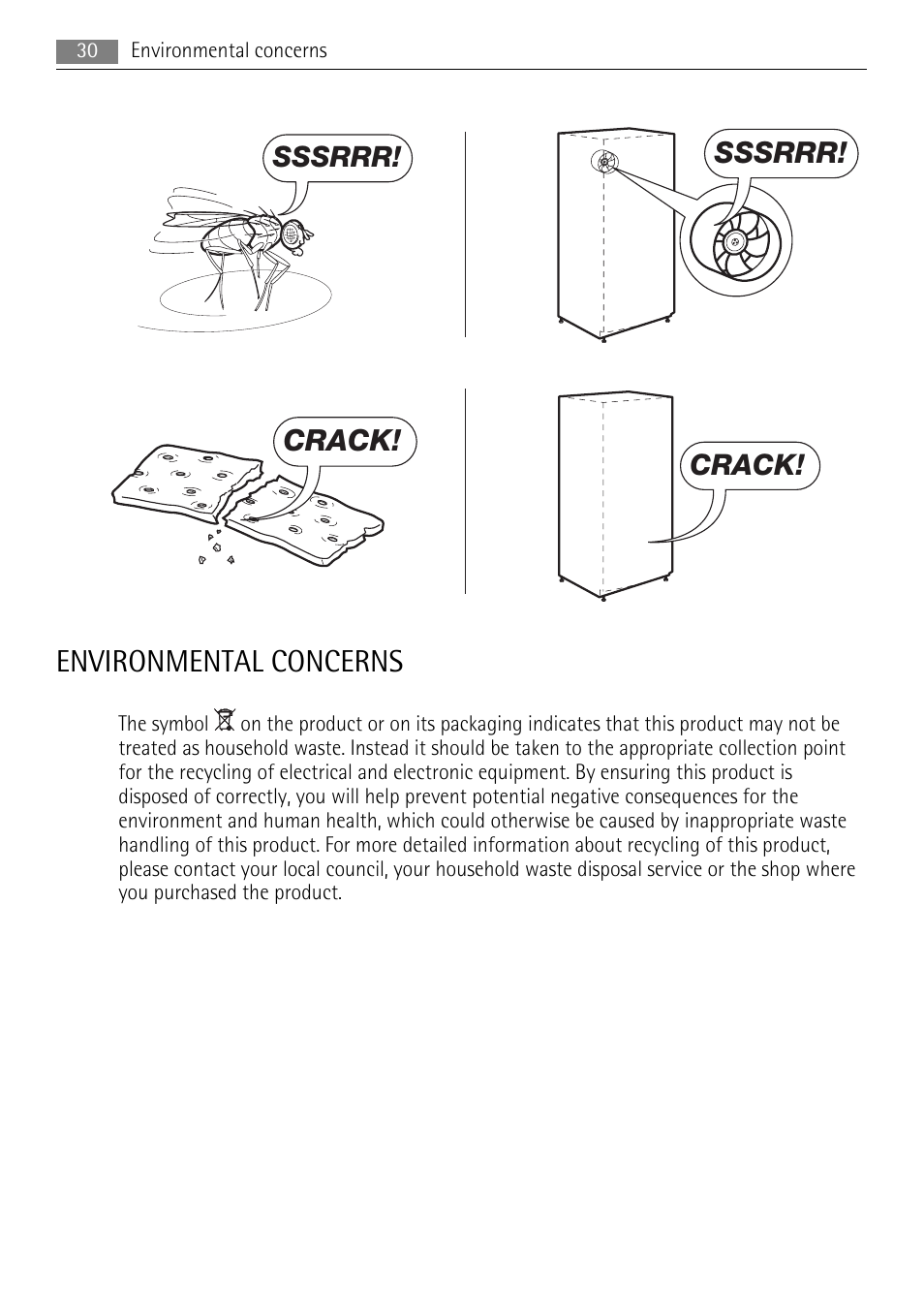 Environmental concerns, Sssrrr, Crack | AEG SKS58800F0 User Manual | Page 30 / 64