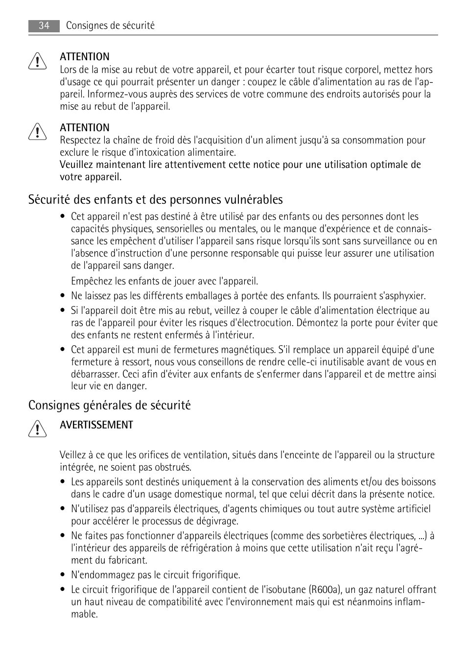 Sécurité des enfants et des personnes vulnérables, Consignes générales de sécurité | AEG SKS58800F0 User Manual | Page 34 / 64