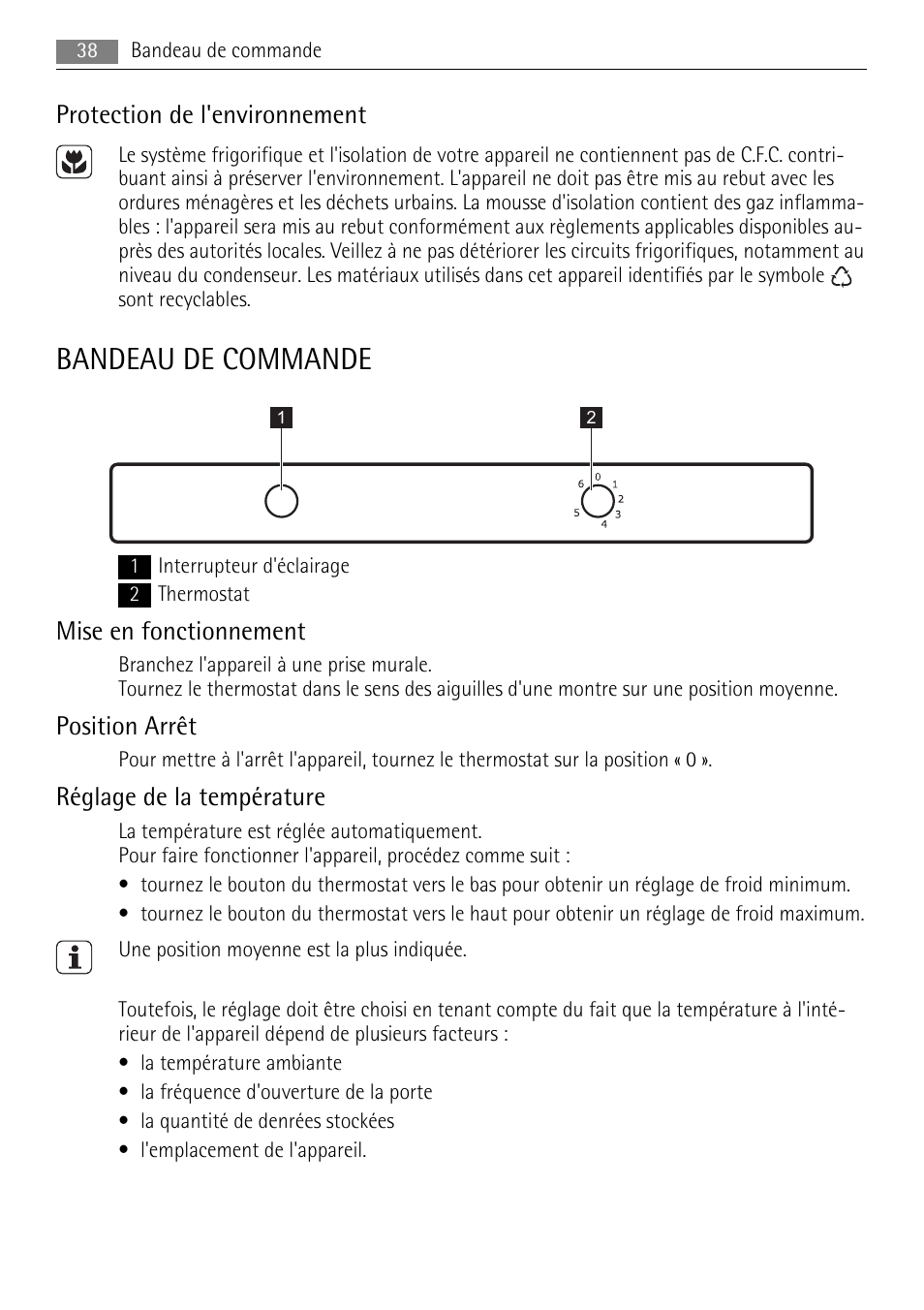 Bandeau de commande, Protection de l'environnement, Mise en fonctionnement | Position arrêt, Réglage de la température | AEG SKS58800F0 User Manual | Page 38 / 64