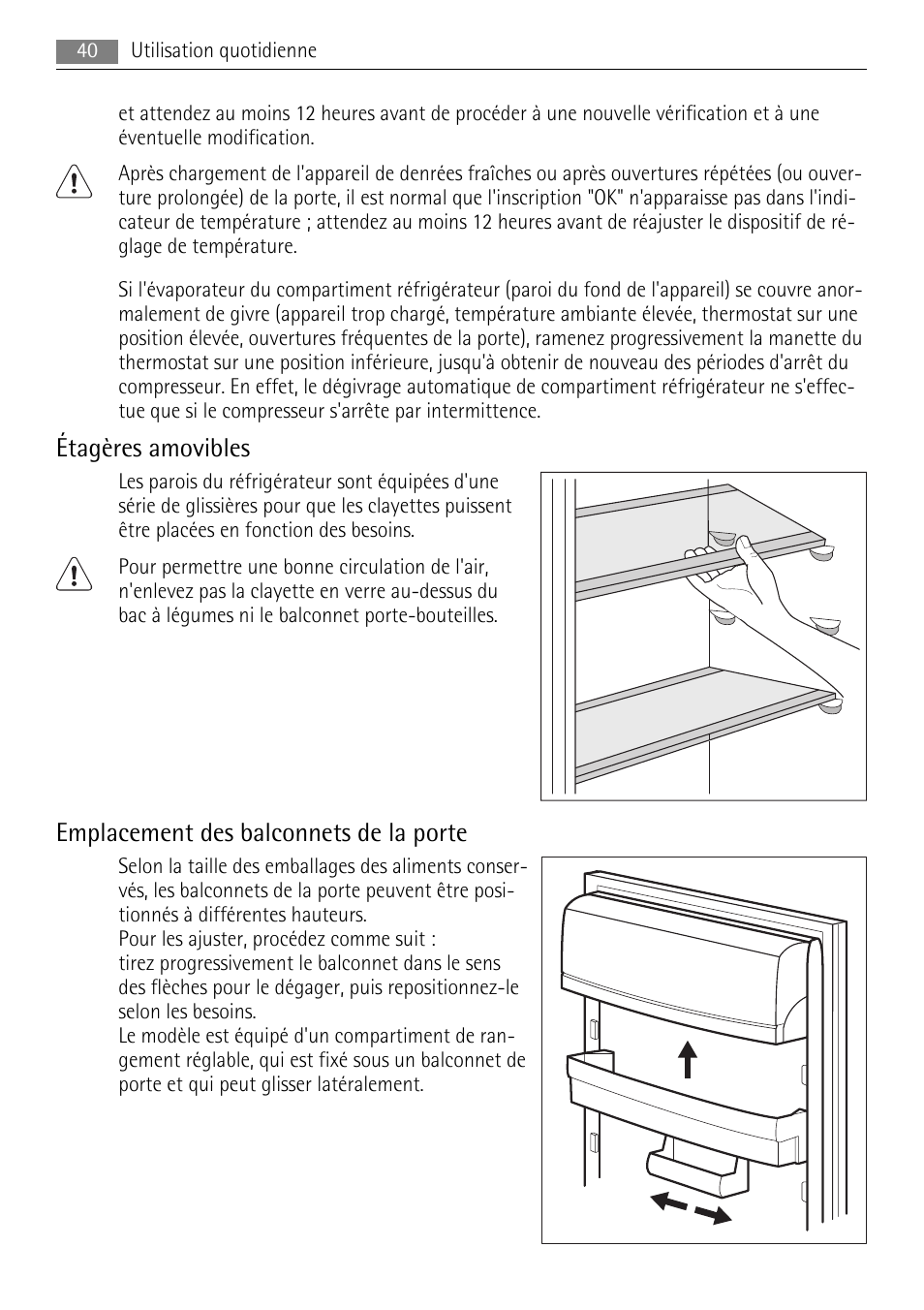 Étagères amovibles, Emplacement des balconnets de la porte | AEG SKS58800F0 User Manual | Page 40 / 64