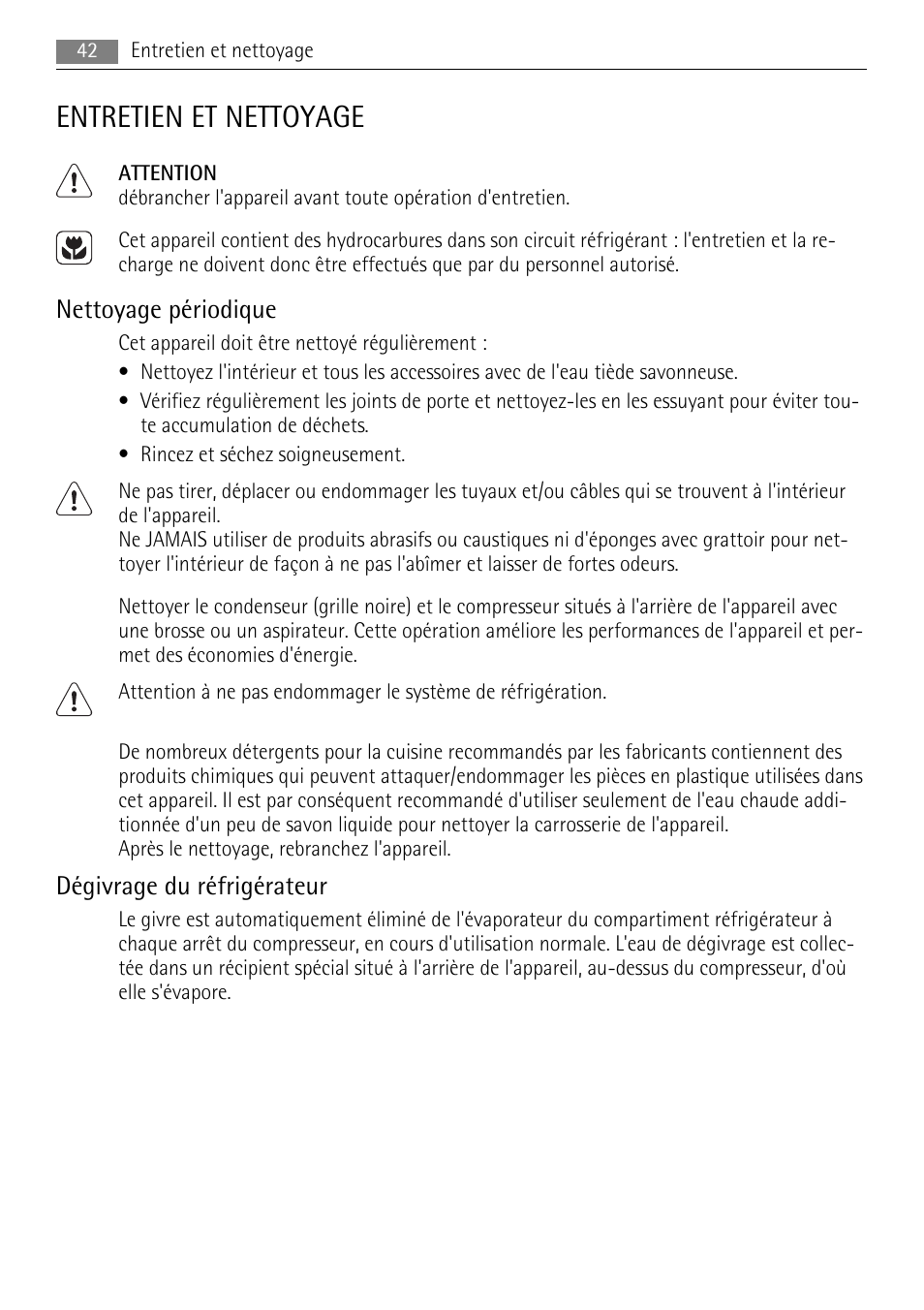 Entretien et nettoyage, Nettoyage périodique, Dégivrage du réfrigérateur | AEG SKS58800F0 User Manual | Page 42 / 64