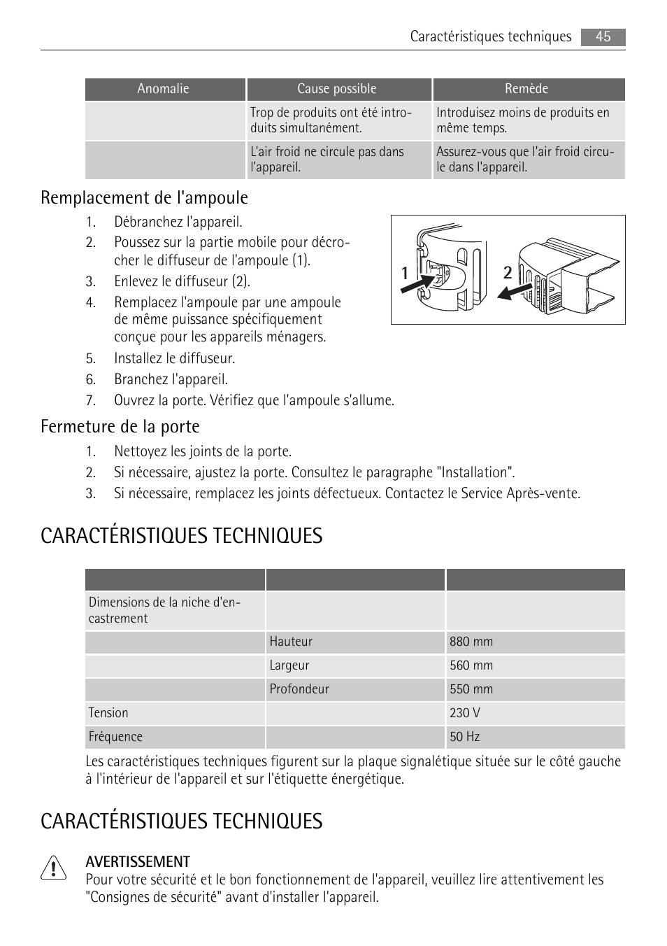 Caractéristiques techniques, Remplacement de l'ampoule, Fermeture de la porte | AEG SKS58800F0 User Manual | Page 45 / 64