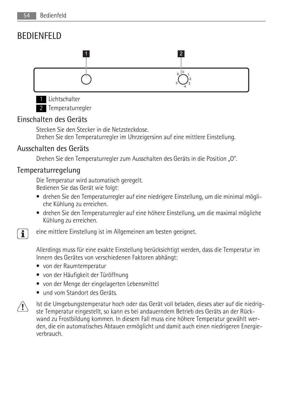 Bedienfeld, Einschalten des geräts, Ausschalten des geräts | Temperaturregelung | AEG SKS58800F0 User Manual | Page 54 / 64