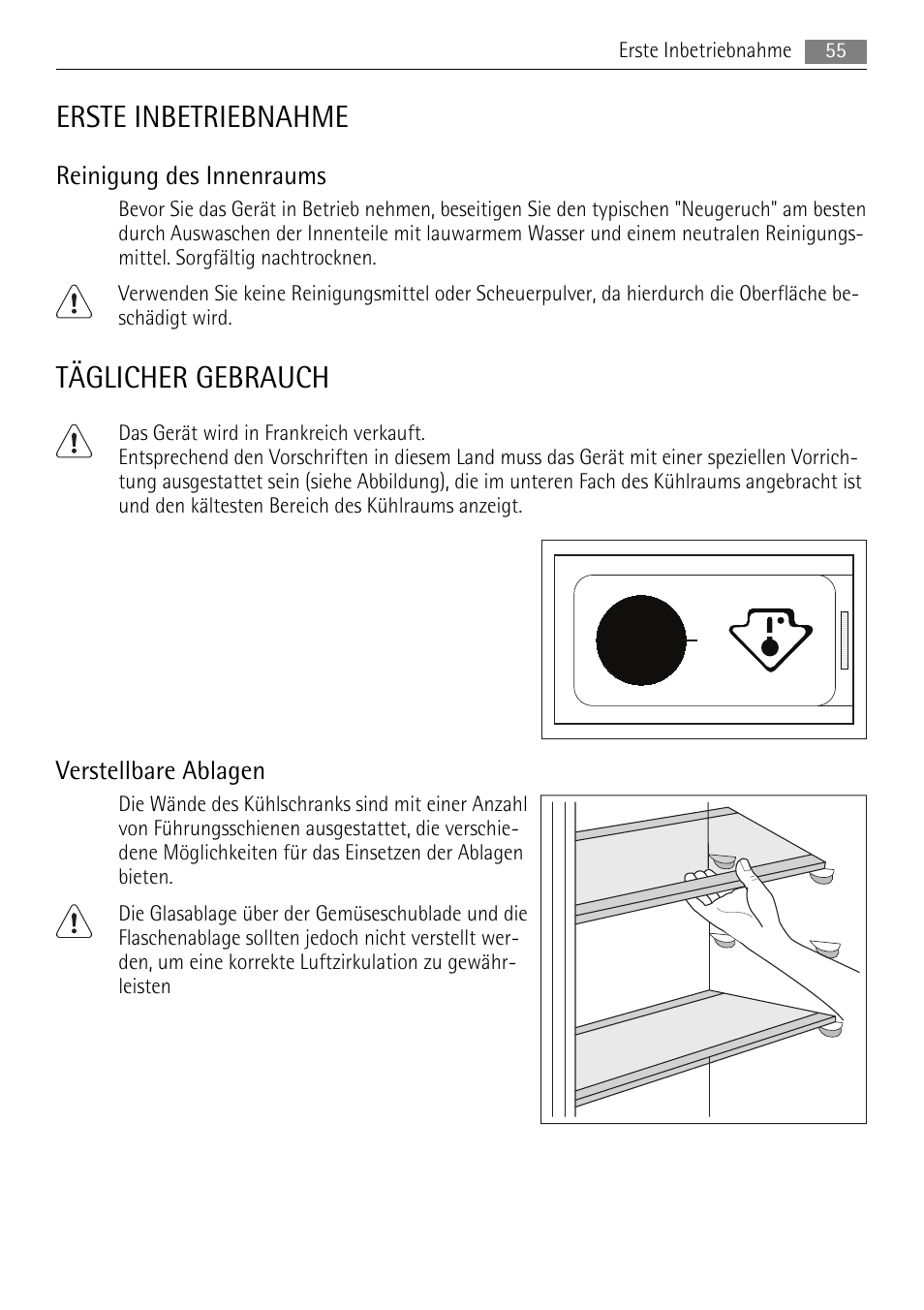 Erste inbetriebnahme, Täglicher gebrauch, Reinigung des innenraums | Verstellbare ablagen | AEG SKS58800F0 User Manual | Page 55 / 64