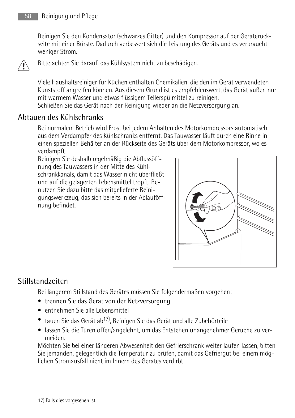 Abtauen des kühlschranks, Stillstandzeiten | AEG SKS58800F0 User Manual | Page 58 / 64