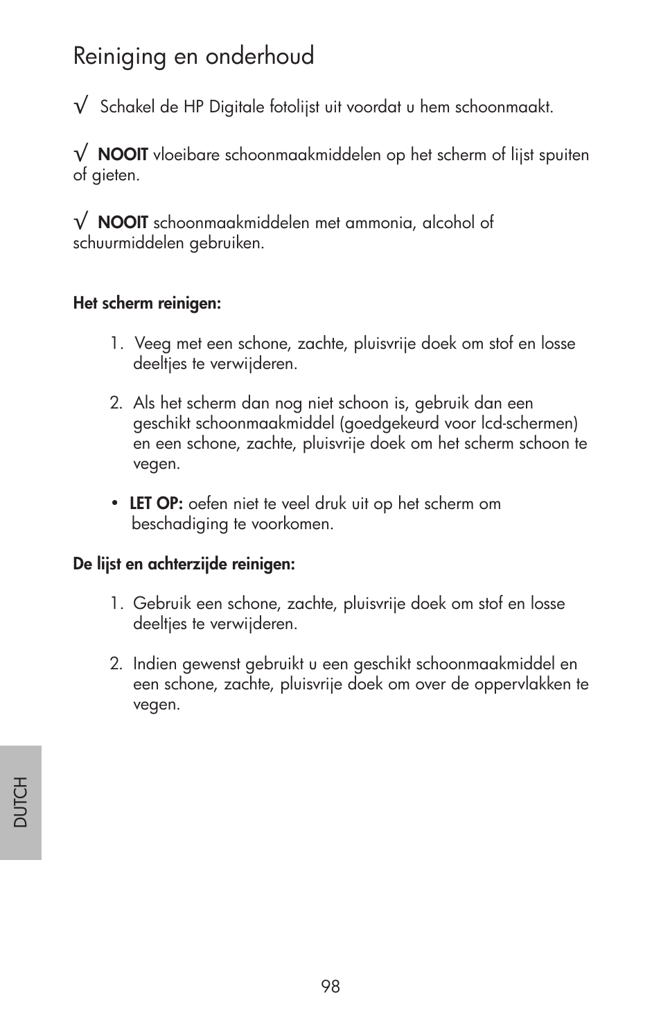 Reiniging en onderhoud | HP df750 Rahmen für Digitalbilder User Manual | Page 100 / 116