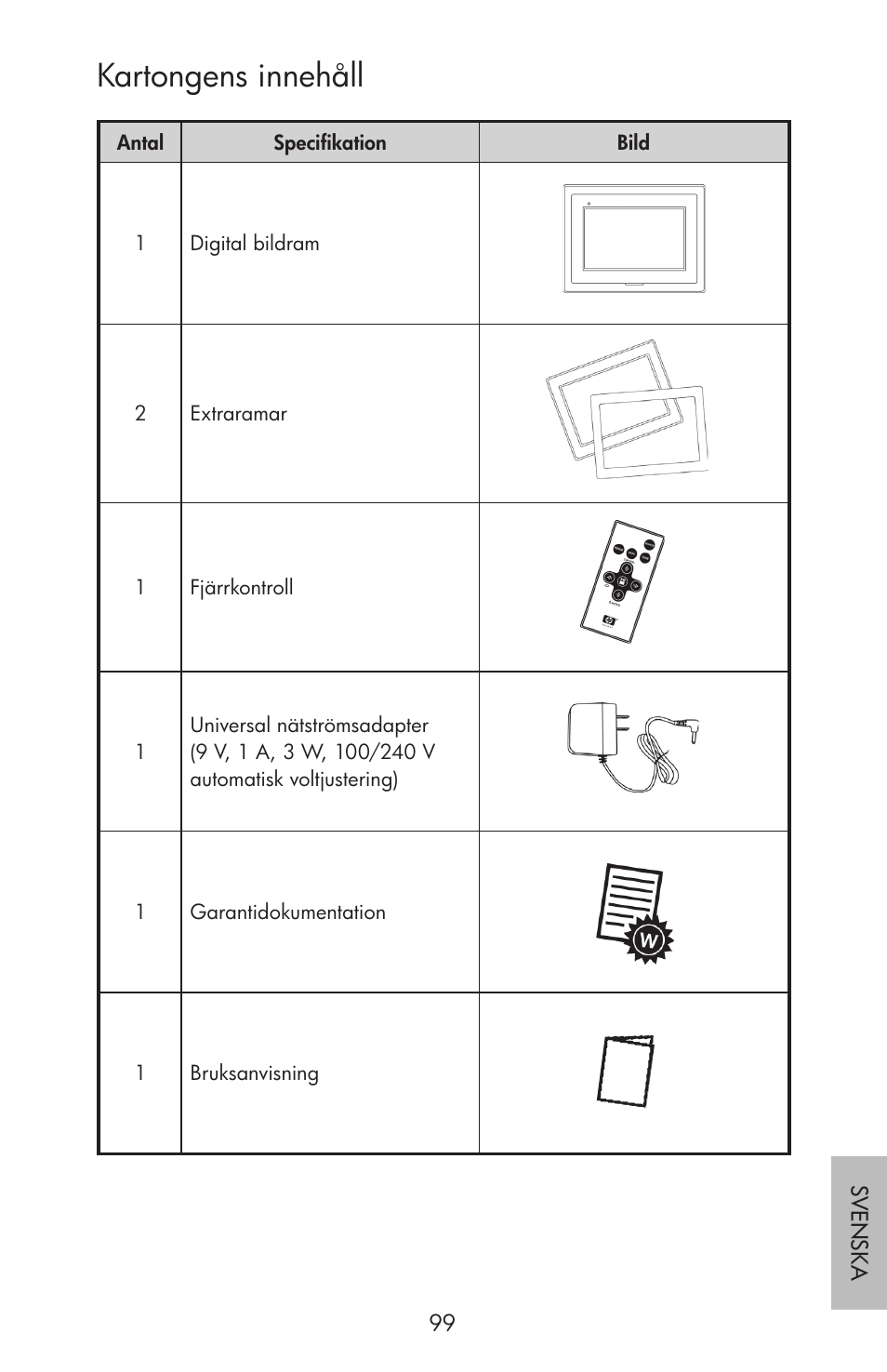 Kartongens innehåll | HP df750 Rahmen für Digitalbilder User Manual | Page 101 / 116