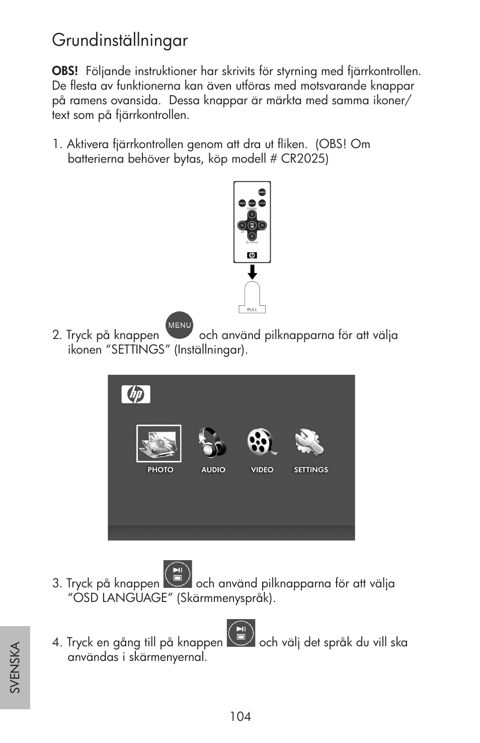 Grundinställningar | HP df750 Rahmen für Digitalbilder User Manual | Page 106 / 116