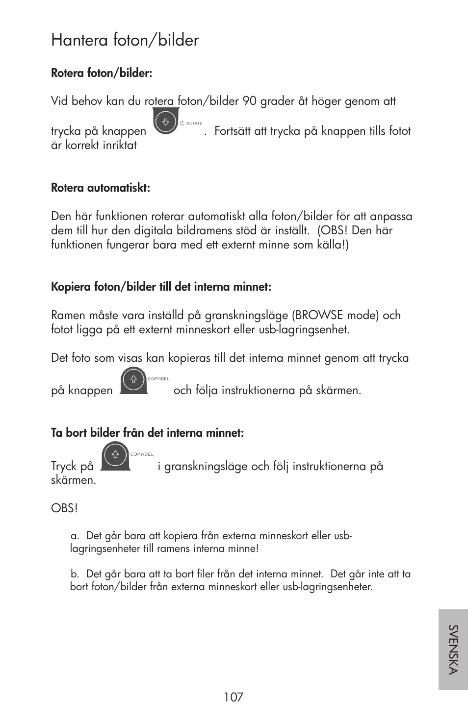 Hantera foton/bilder | HP df750 Rahmen für Digitalbilder User Manual | Page 109 / 116