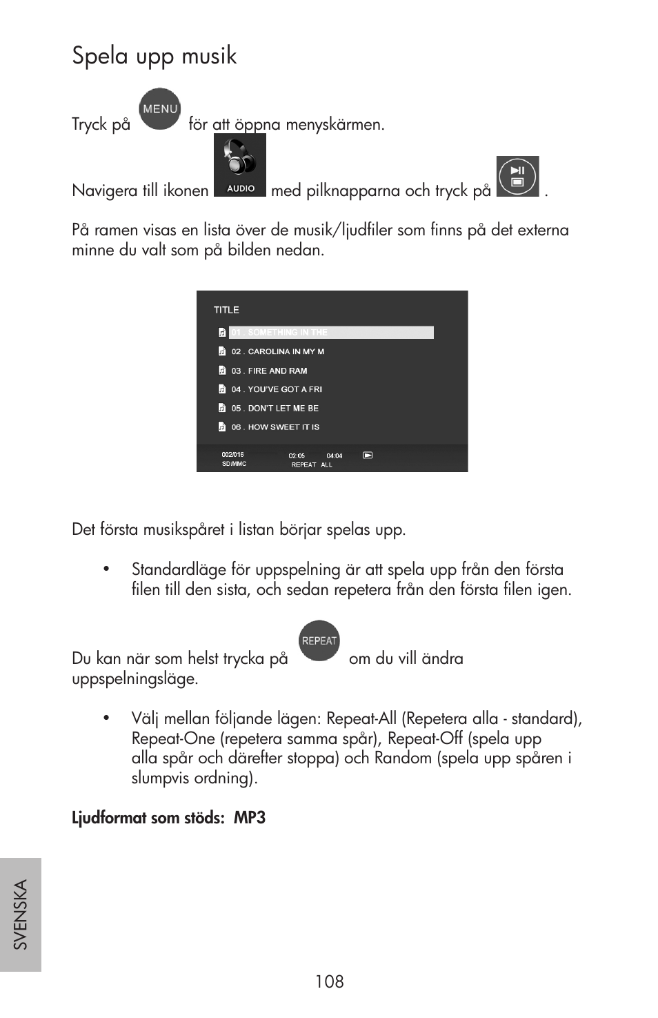 Spela upp musik | HP df750 Rahmen für Digitalbilder User Manual | Page 110 / 116