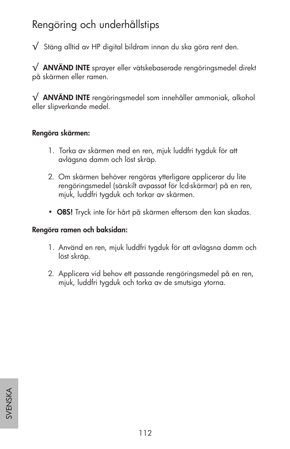 Rengöring och underhållstips | HP df750 Rahmen für Digitalbilder User Manual | Page 114 / 116
