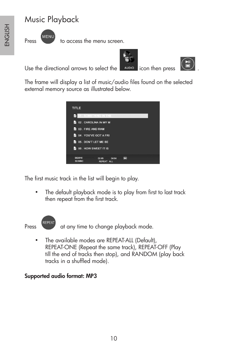 Music playback | HP df750 Rahmen für Digitalbilder User Manual | Page 12 / 116