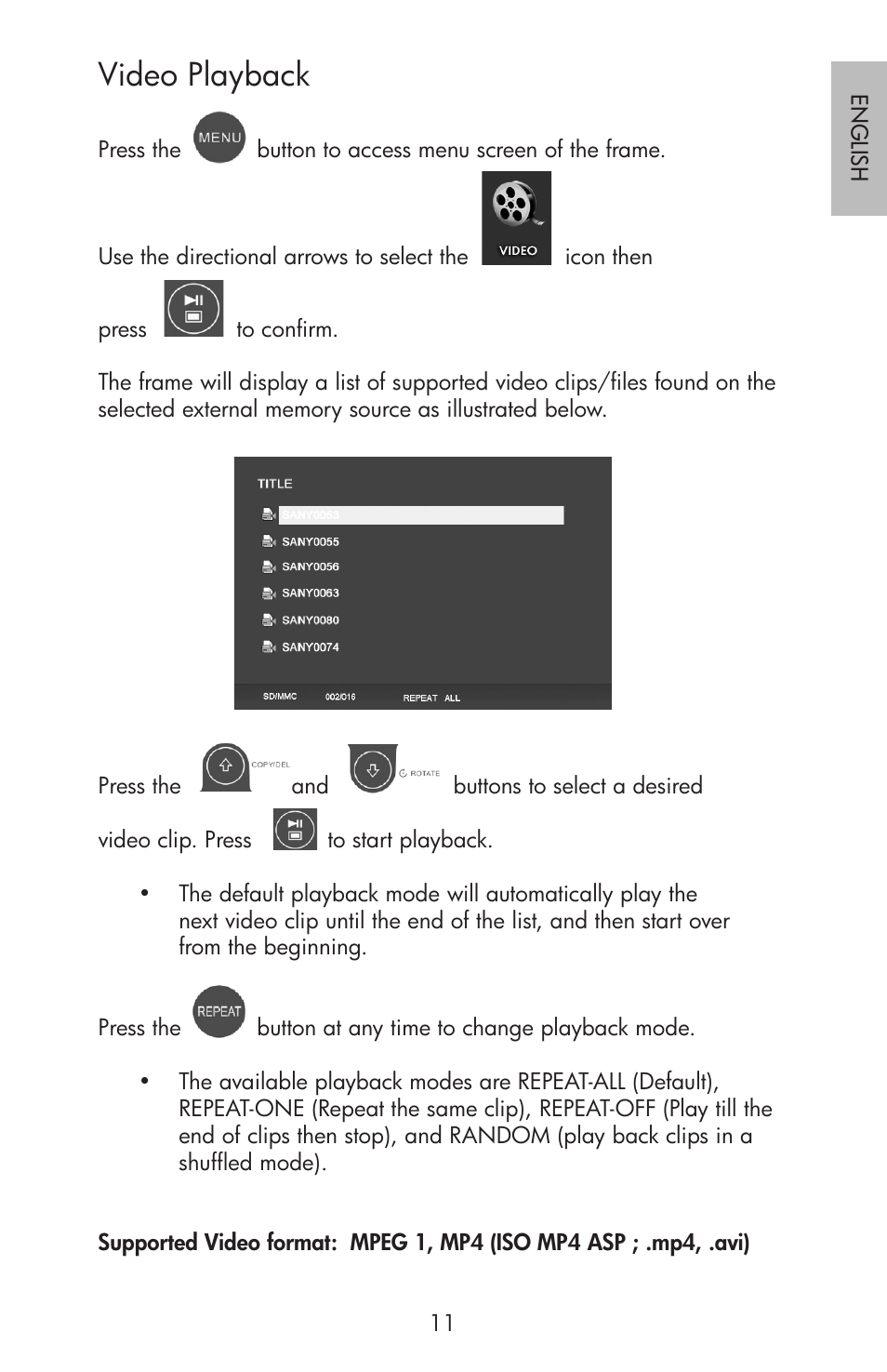 Video playback | HP df750 Rahmen für Digitalbilder User Manual | Page 13 / 116