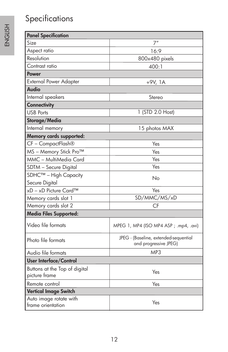 Specifications | HP df750 Rahmen für Digitalbilder User Manual | Page 14 / 116
