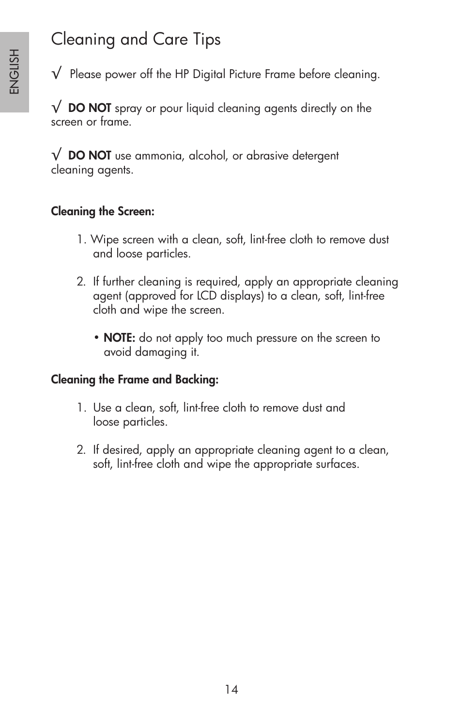Cleaning and care tips | HP df750 Rahmen für Digitalbilder User Manual | Page 16 / 116