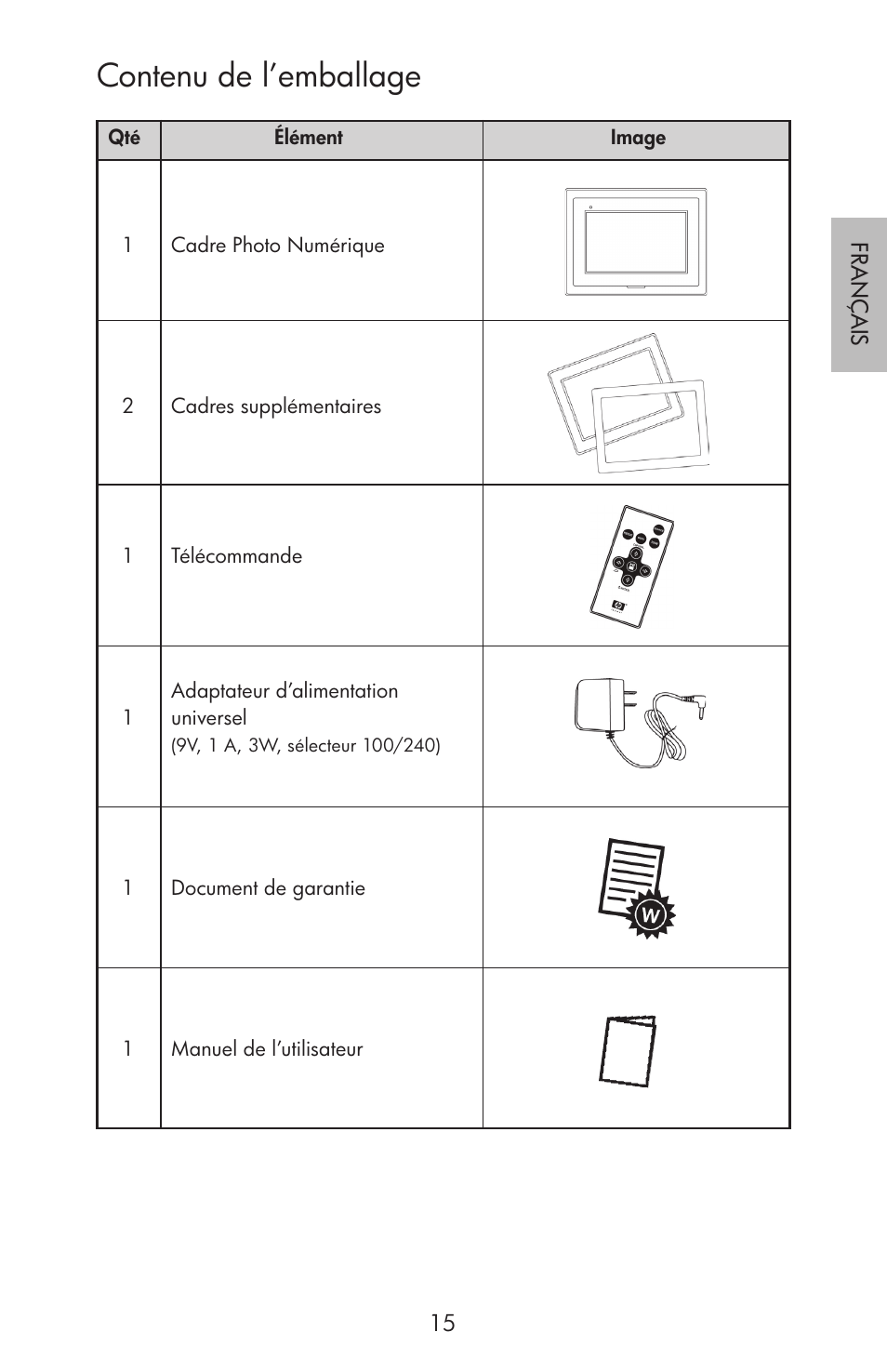 Contenu de l’emballage | HP df750 Rahmen für Digitalbilder User Manual | Page 17 / 116