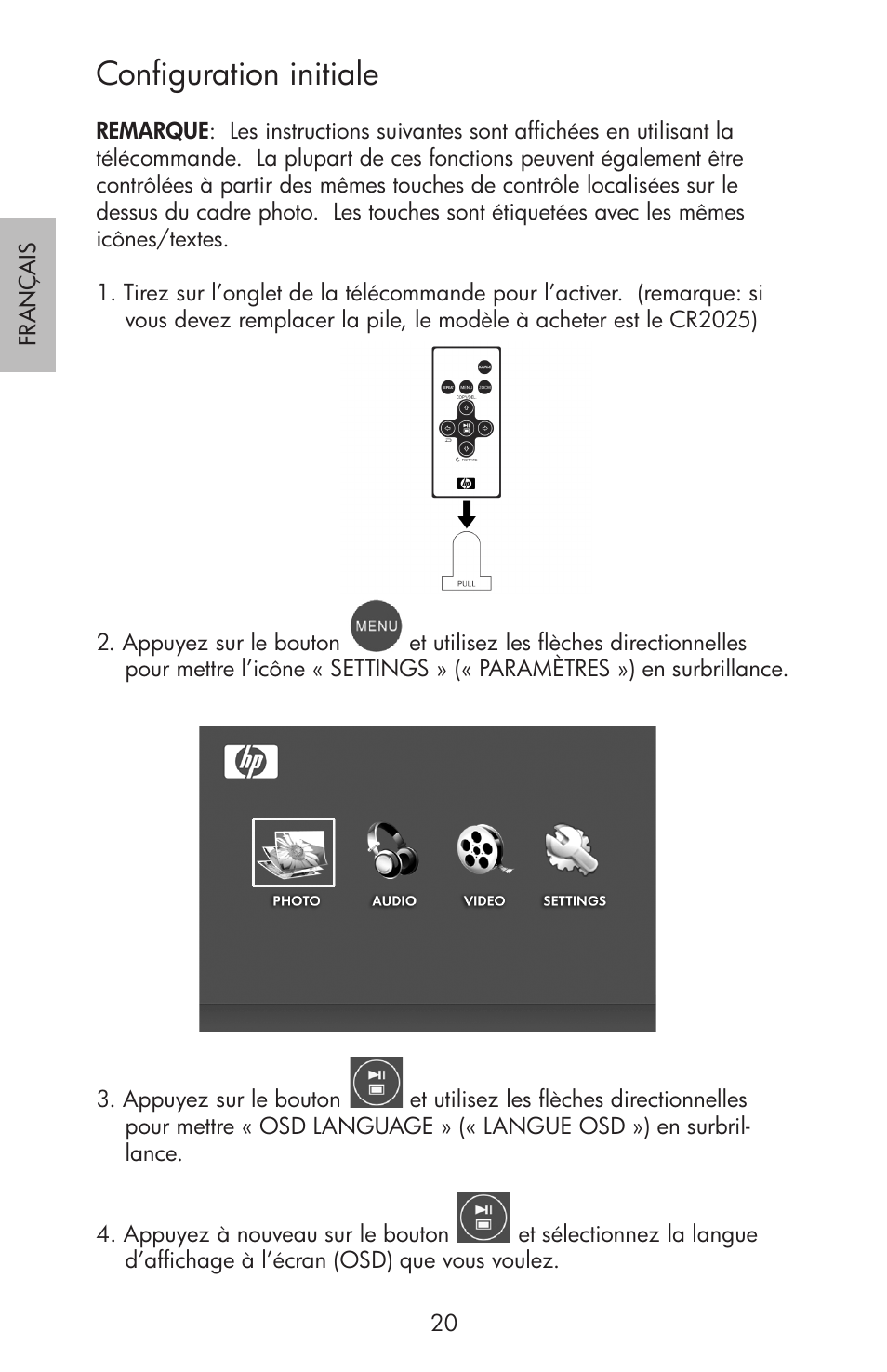 Configuration initiale | HP df750 Rahmen für Digitalbilder User Manual | Page 22 / 116