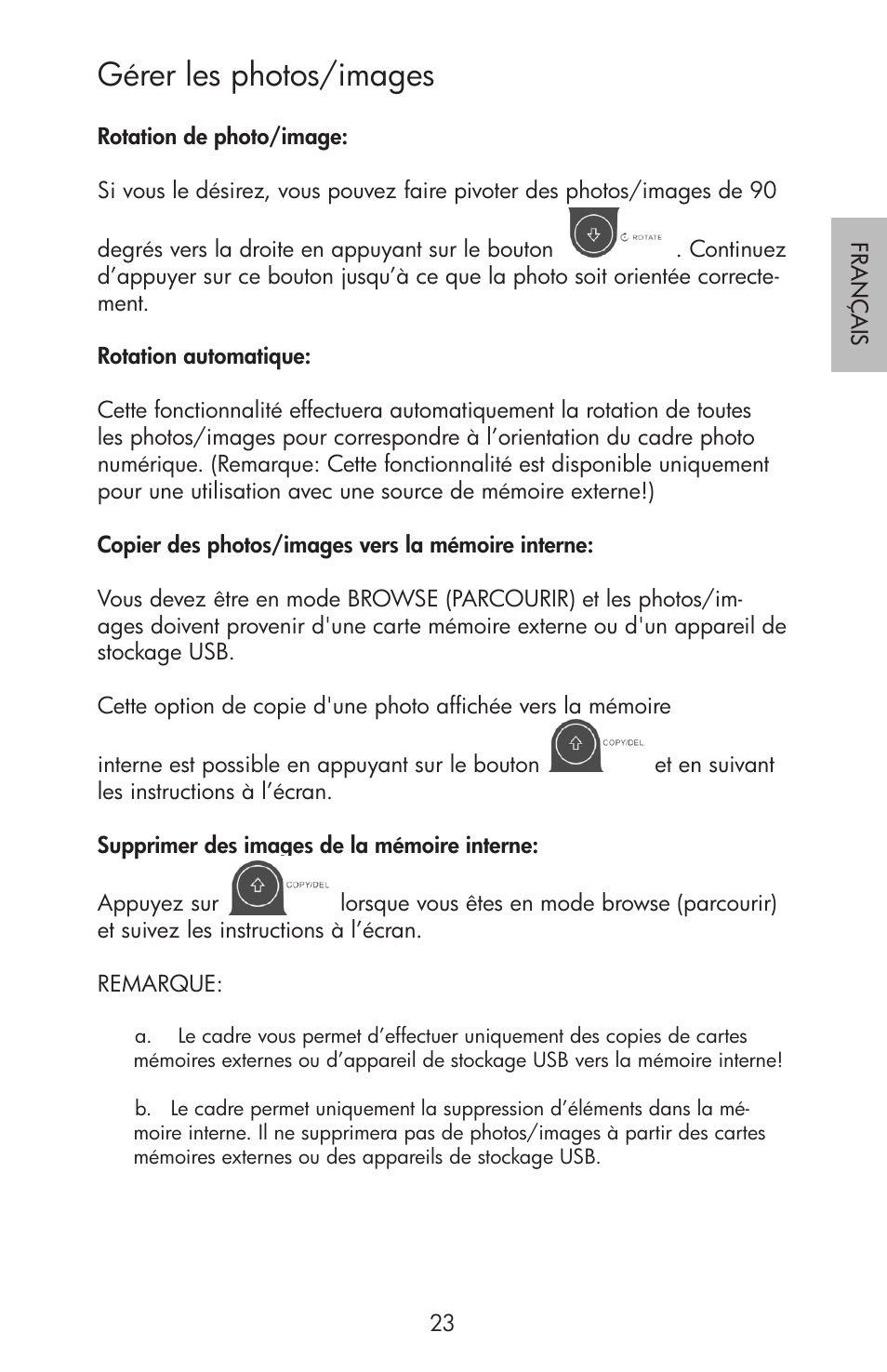 Gérer les photos/images | HP df750 Rahmen für Digitalbilder User Manual | Page 25 / 116