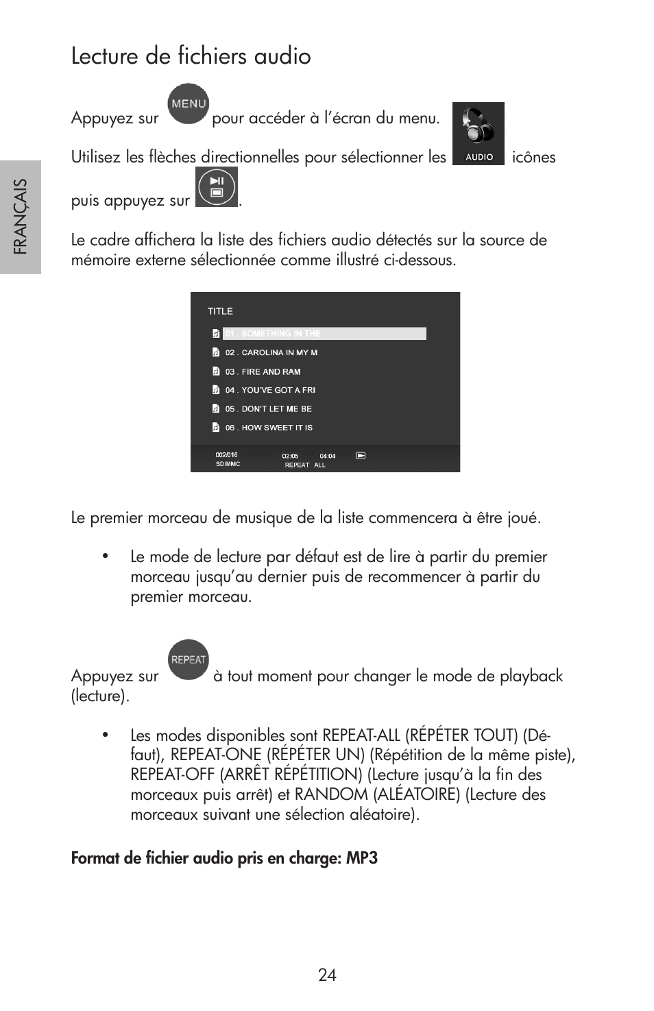 Lecture de fichiers audio | HP df750 Rahmen für Digitalbilder User Manual | Page 26 / 116