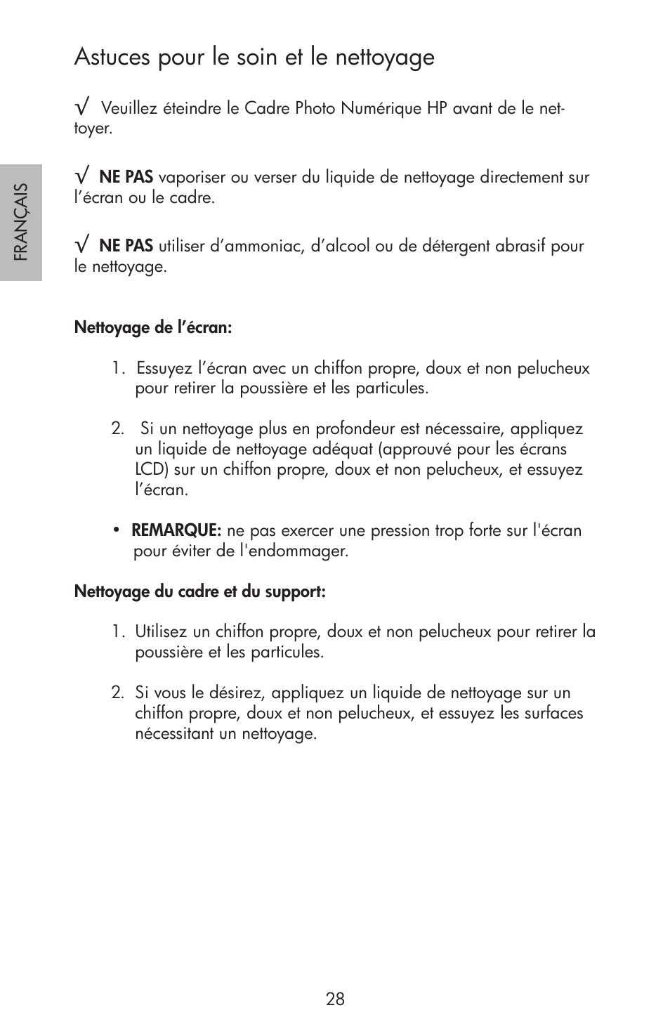 Astuces pour le soin et le nettoyage | HP df750 Rahmen für Digitalbilder User Manual | Page 30 / 116