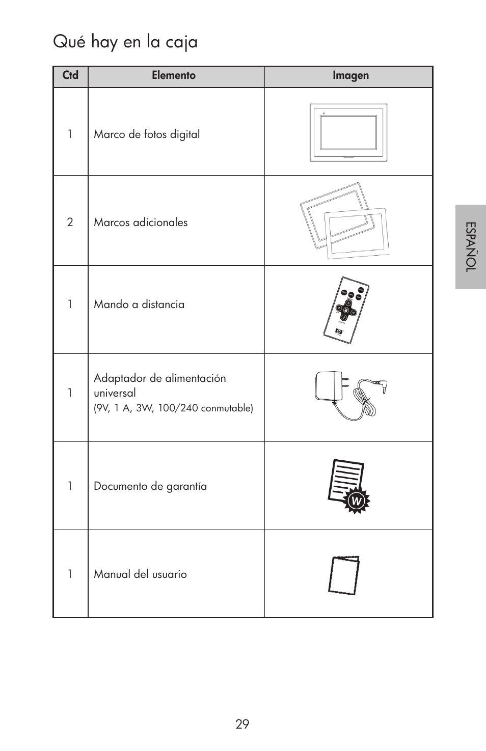 Qué hay en la caja | HP df750 Rahmen für Digitalbilder User Manual | Page 31 / 116
