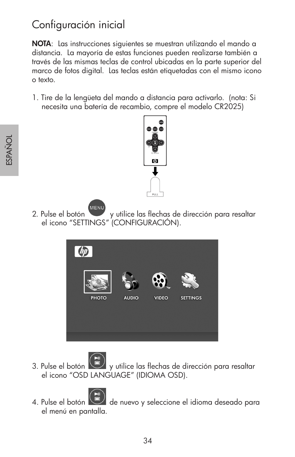 Configuración inicial | HP df750 Rahmen für Digitalbilder User Manual | Page 36 / 116
