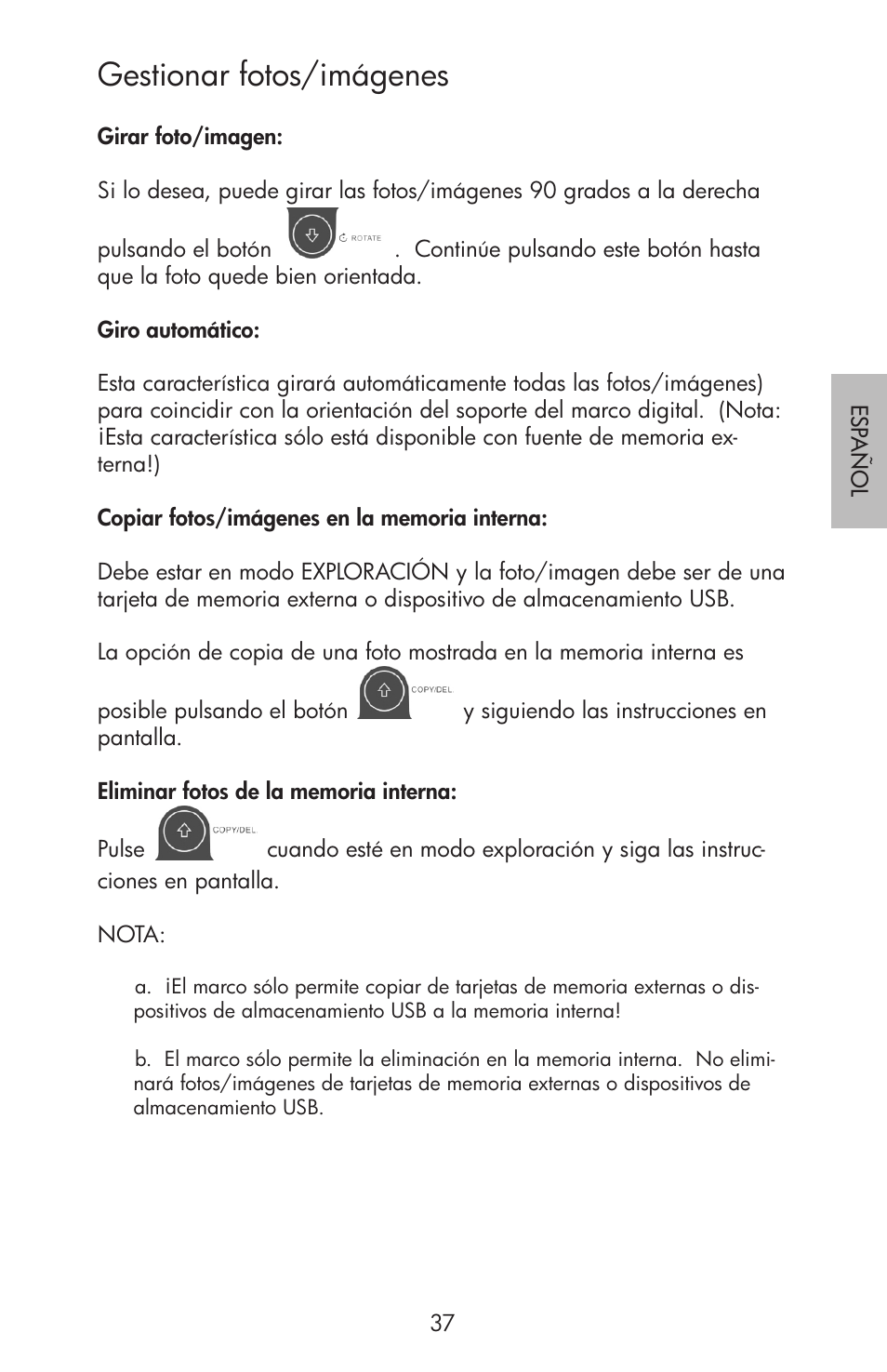 Gestionar fotos/imágenes | HP df750 Rahmen für Digitalbilder User Manual | Page 39 / 116