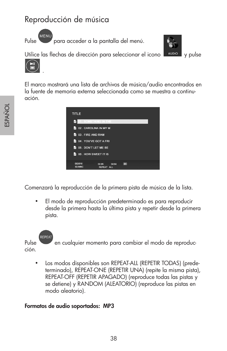 Reproducción de música | HP df750 Rahmen für Digitalbilder User Manual | Page 40 / 116