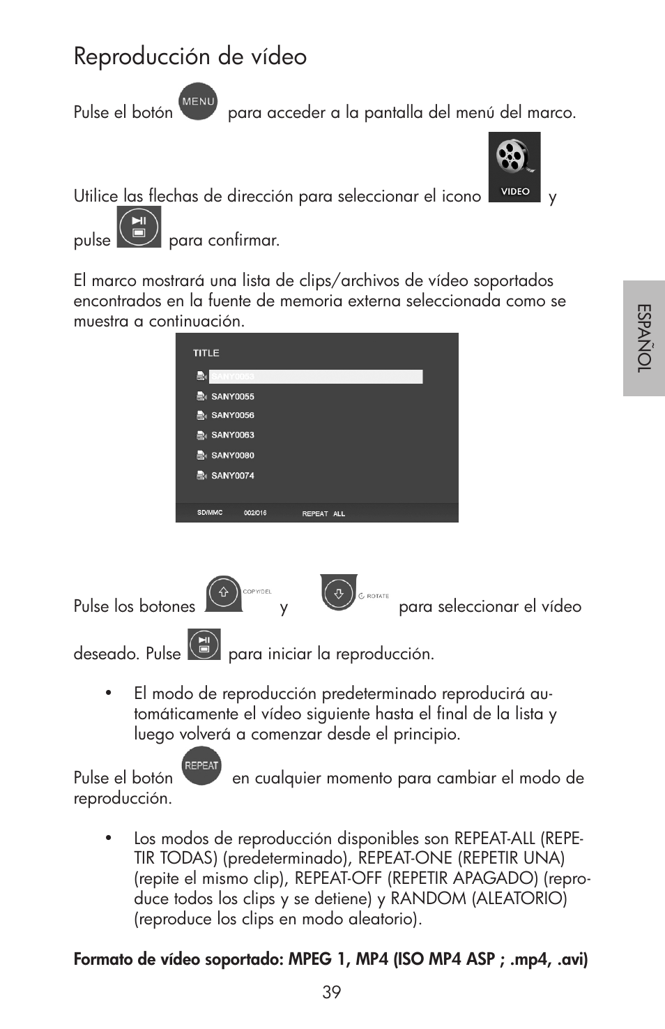 Reproducción de vídeo | HP df750 Rahmen für Digitalbilder User Manual | Page 41 / 116