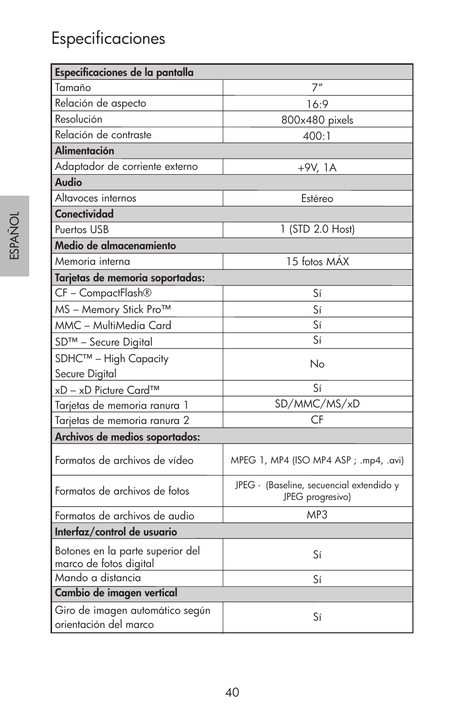 Especificaciones | HP df750 Rahmen für Digitalbilder User Manual | Page 42 / 116