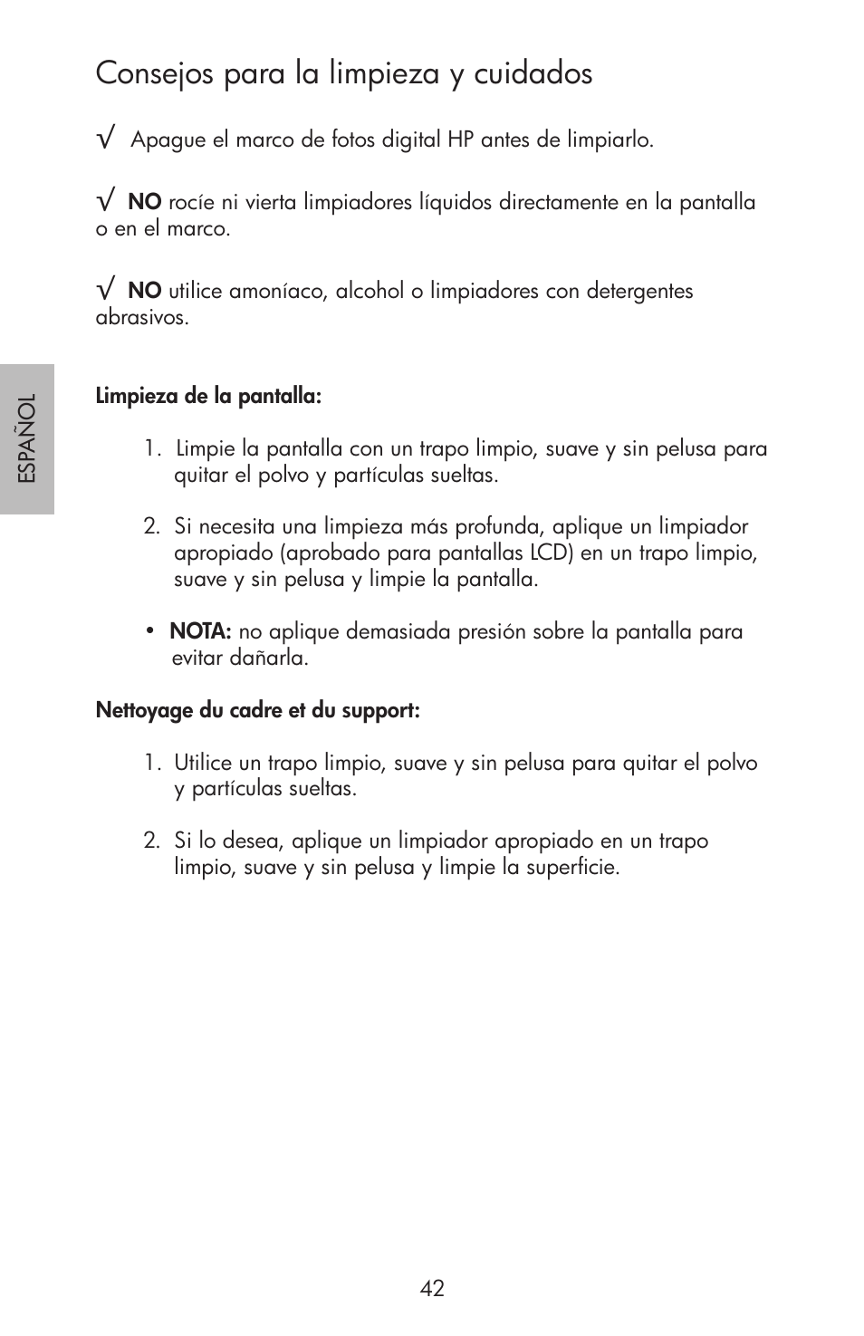 Consejos para la limpieza y cuidados | HP df750 Rahmen für Digitalbilder User Manual | Page 44 / 116
