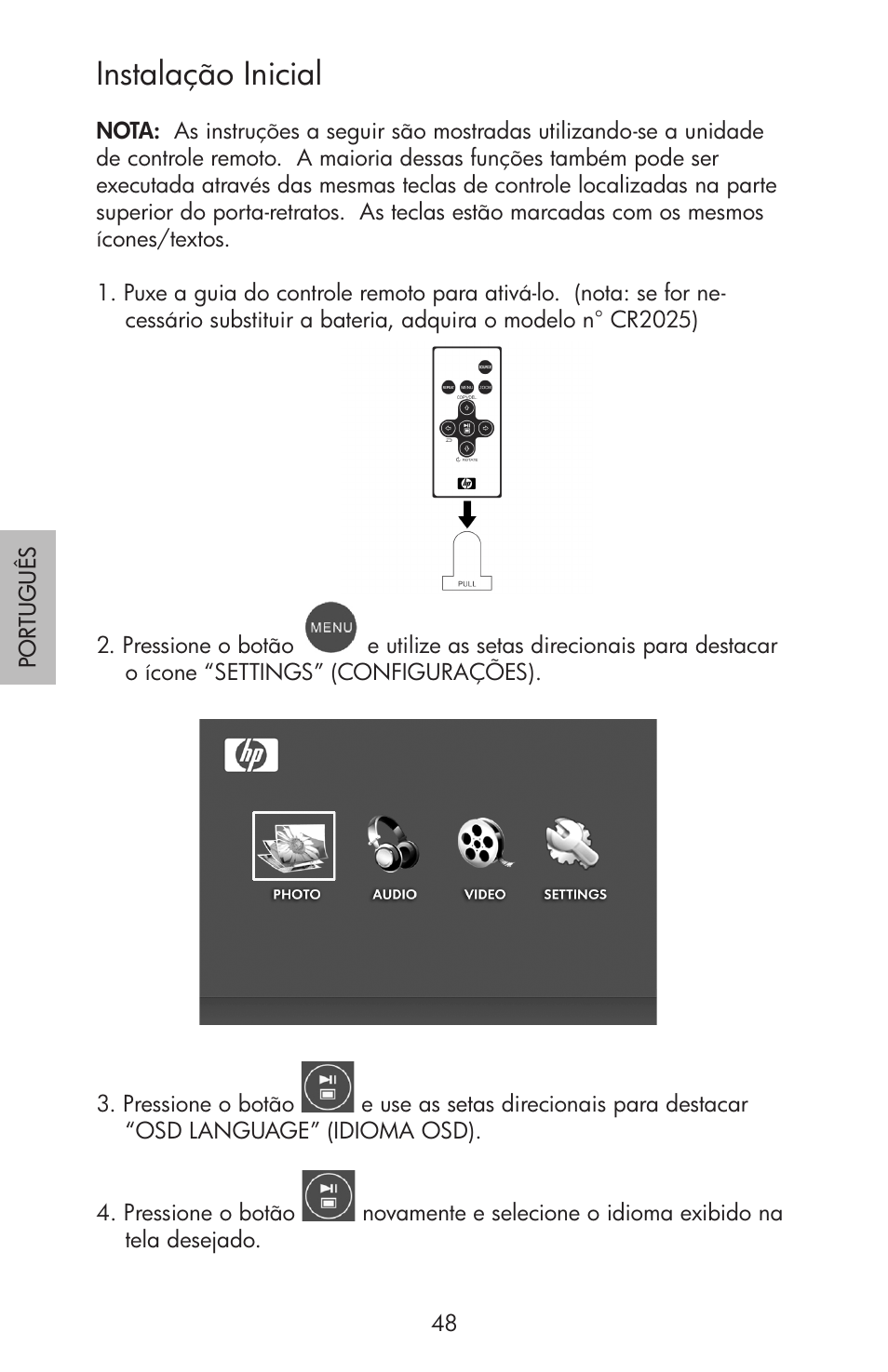Instalação inicial | HP df750 Rahmen für Digitalbilder User Manual | Page 50 / 116