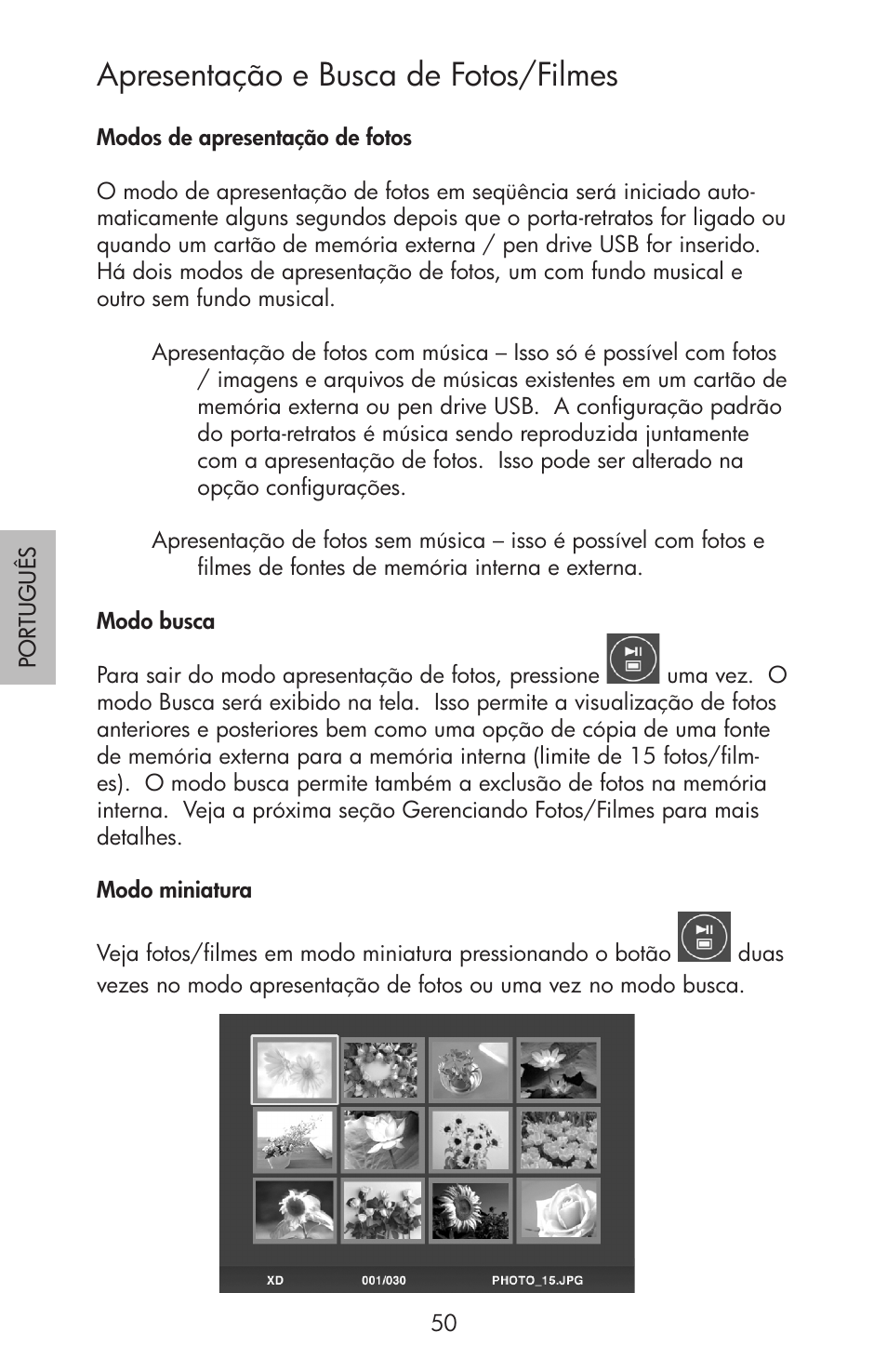 Apresentação e busca de fotos/filmes | HP df750 Rahmen für Digitalbilder User Manual | Page 52 / 116