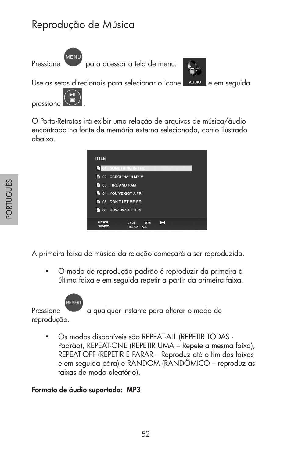 Reprodução de música | HP df750 Rahmen für Digitalbilder User Manual | Page 54 / 116