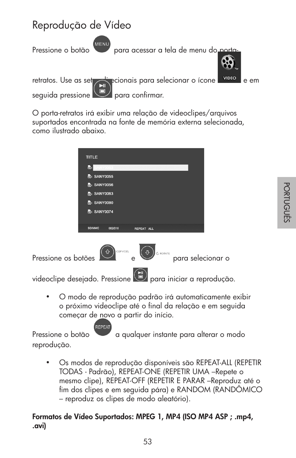 Reprodução de vídeo | HP df750 Rahmen für Digitalbilder User Manual | Page 55 / 116