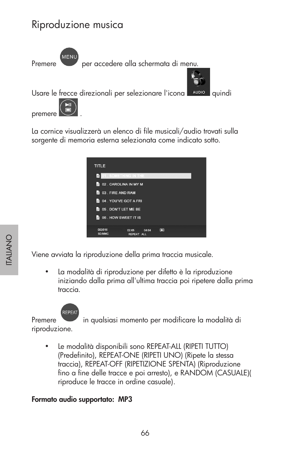 Riproduzione musica | HP df750 Rahmen für Digitalbilder User Manual | Page 68 / 116